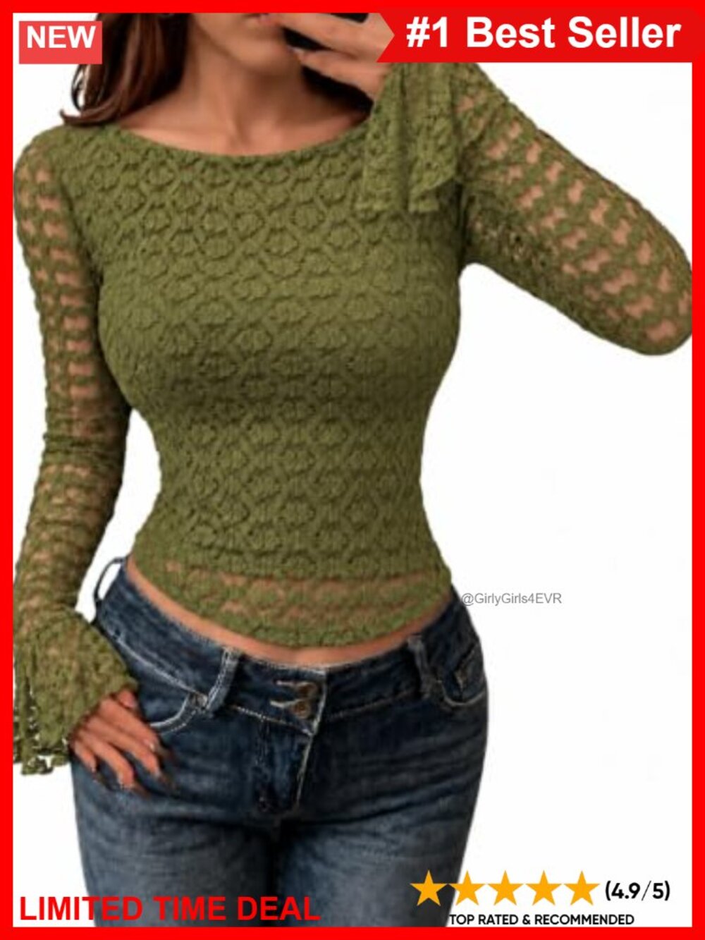 Lace Cropped Top Long Bell Sleeve Crew Neck Slim Fit Blouse